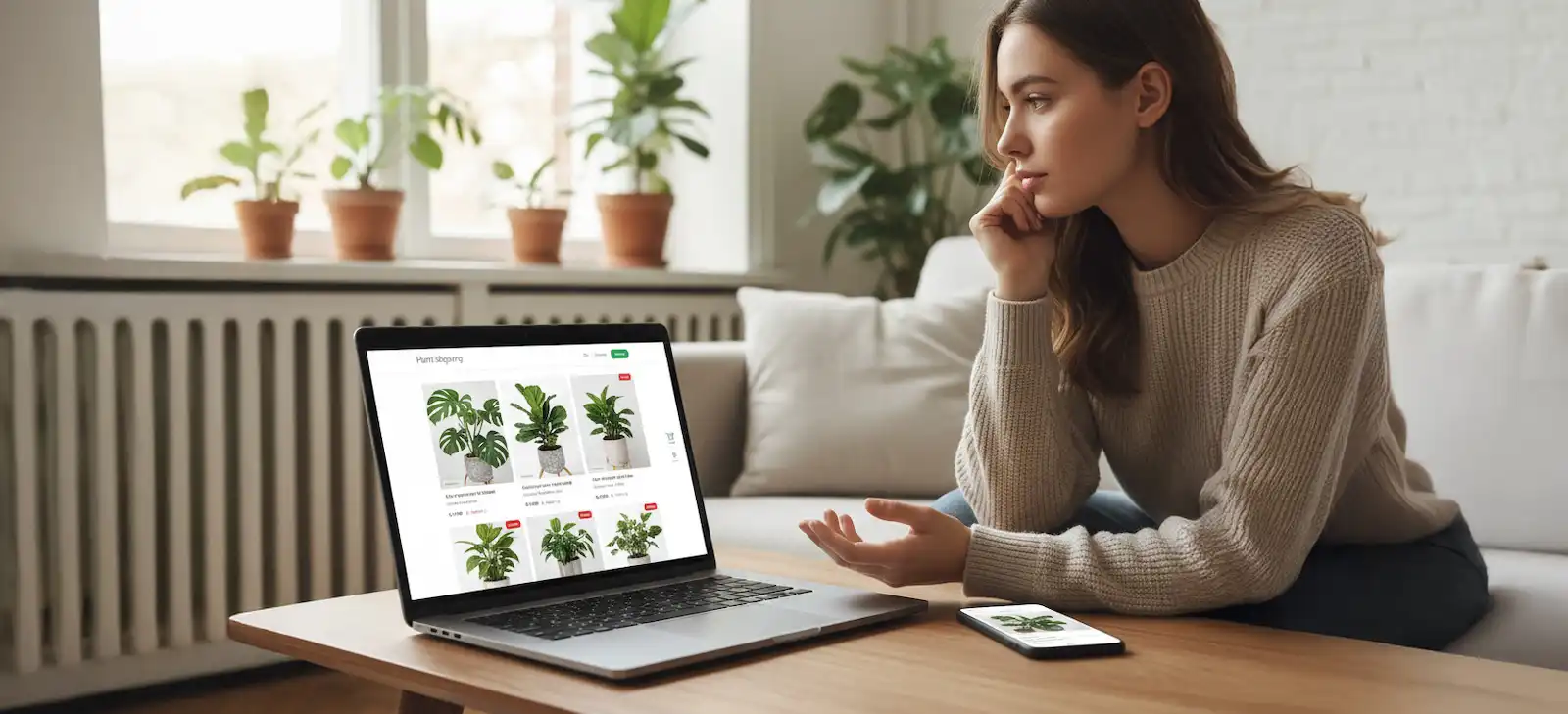 Woman using a digital shopping app to buy plants, symbolising the SmartShopping project by Sunbird Images.