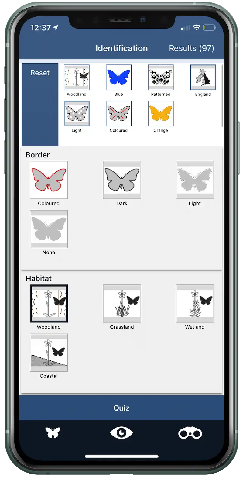 Butterfly ID app showing the species identification feature.